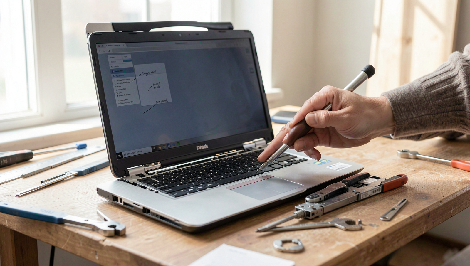 Close-up of a technician performing maintenance on a laptop with tools and components.