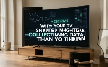 A modern living room with a smart TV displaying data analytics visuals.