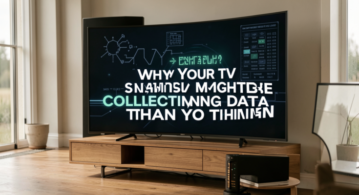 A modern living room with a smart TV displaying data analytics visuals.